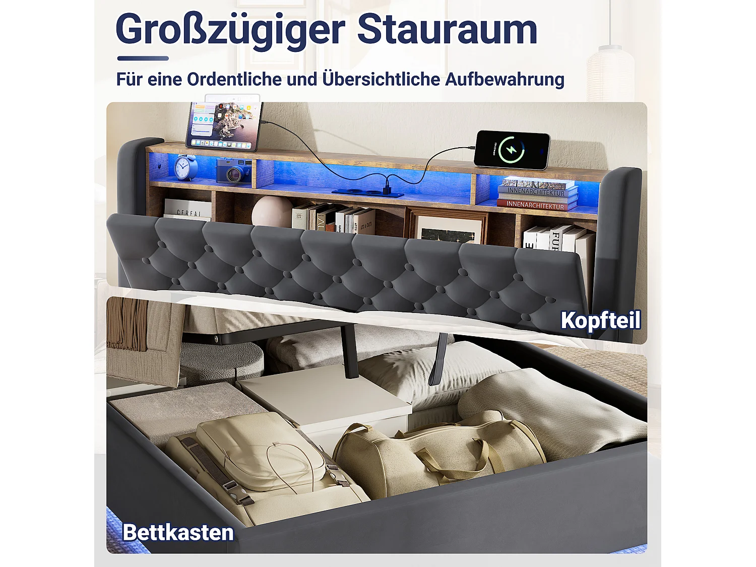 Lit coffre 140x190 cm avec éclairage LED, tête de lit avec rangement et sommier à lattes, en velours gris foncé, sans matelas