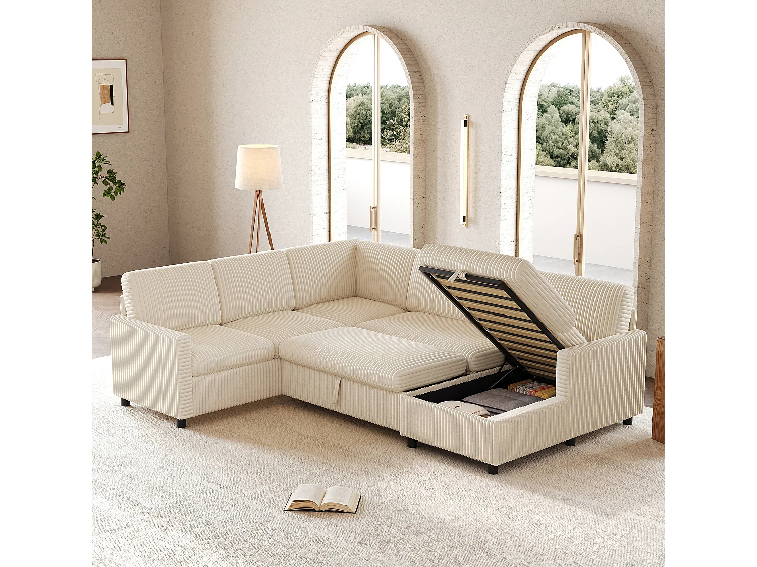 Canapé d'angle convertible 4 places en velours côtelé beige avec coffre de rangement, 274x220x85 cm