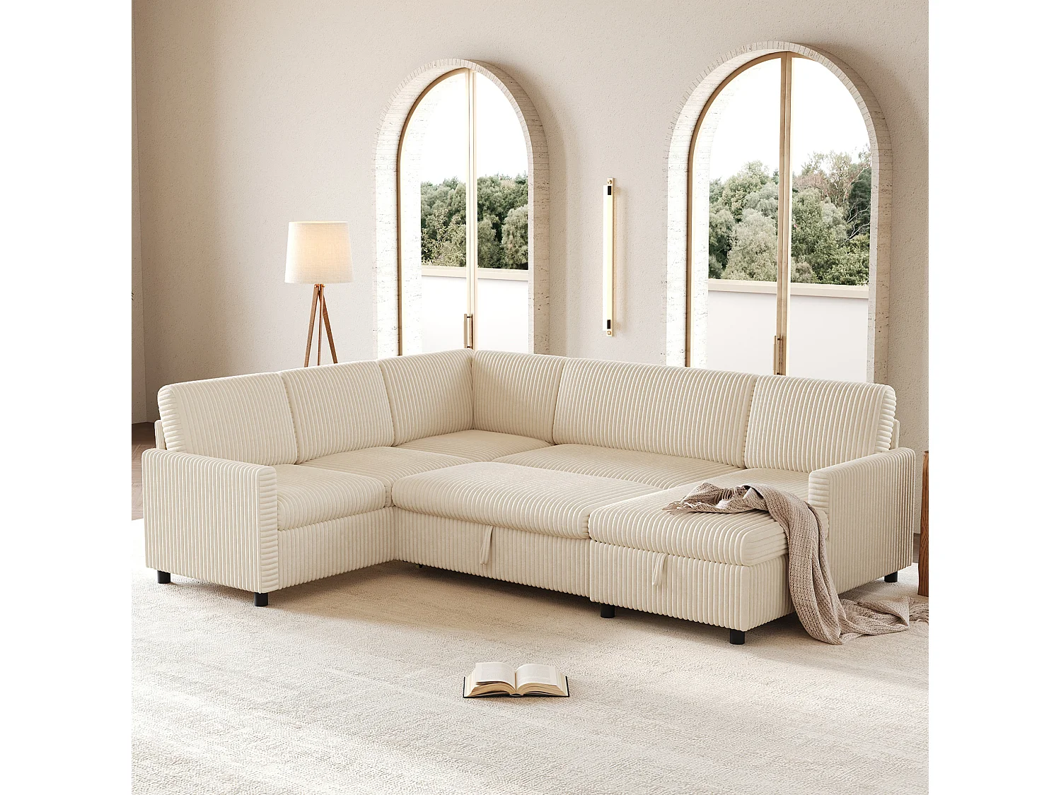 Canapé d'angle convertible 4 places en velours côtelé beige avec coffre de rangement, 274x220x85 cm