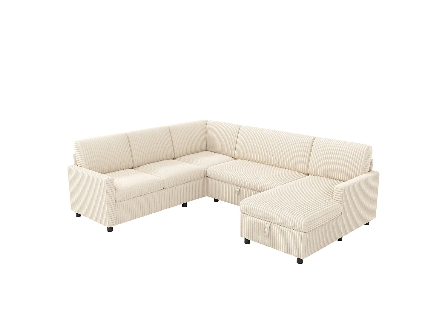 Canapé d'angle convertible 4 places en velours côtelé beige avec coffre de rangement, 274x220x85 cm