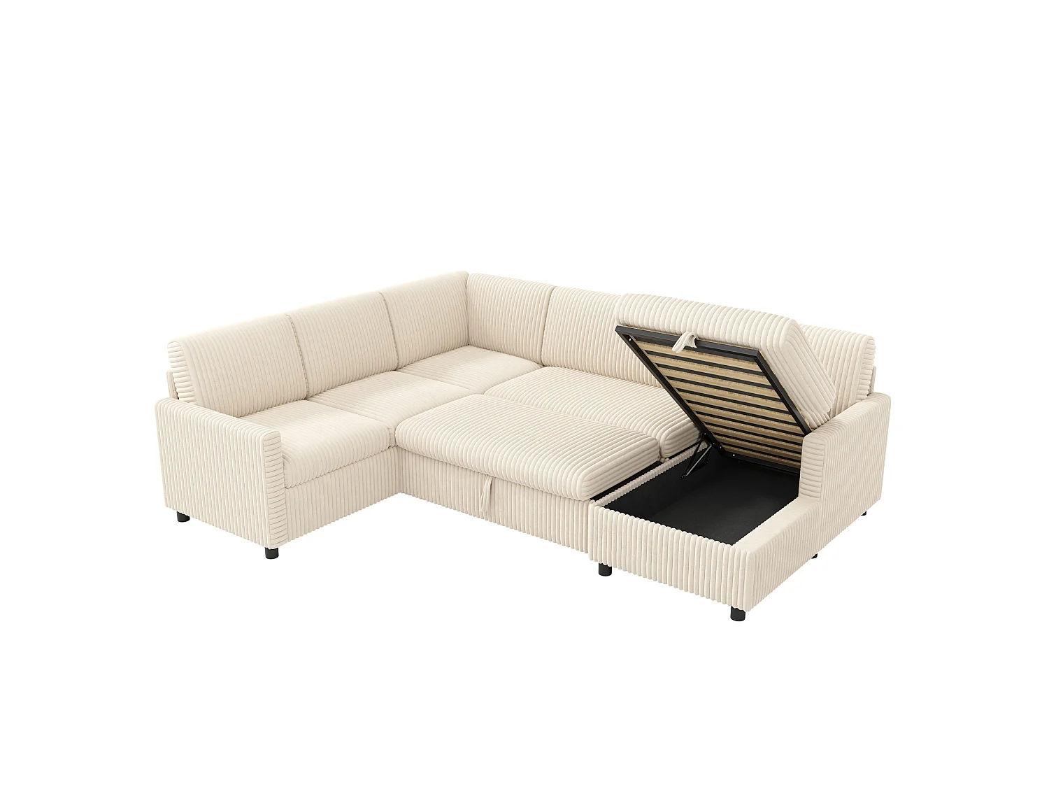 Canapé d'angle convertible 4 places en velours côtelé beige avec coffre de rangement, 274x220x85 cm