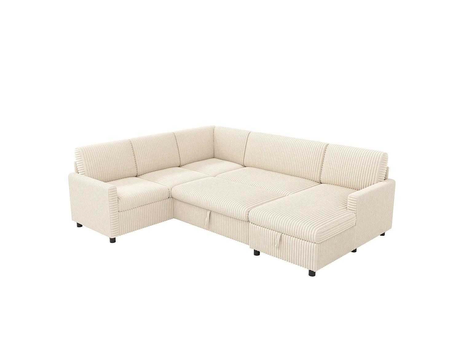 Canapé d'angle convertible 4 places en velours côtelé beige avec coffre de rangement, 274x220x85 cm