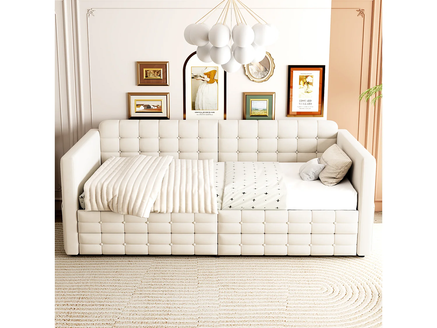 Lit banquette enfant 90x190 cm en velours beige avec 2 tiroirs de rangement et poches latérales, sans matelas