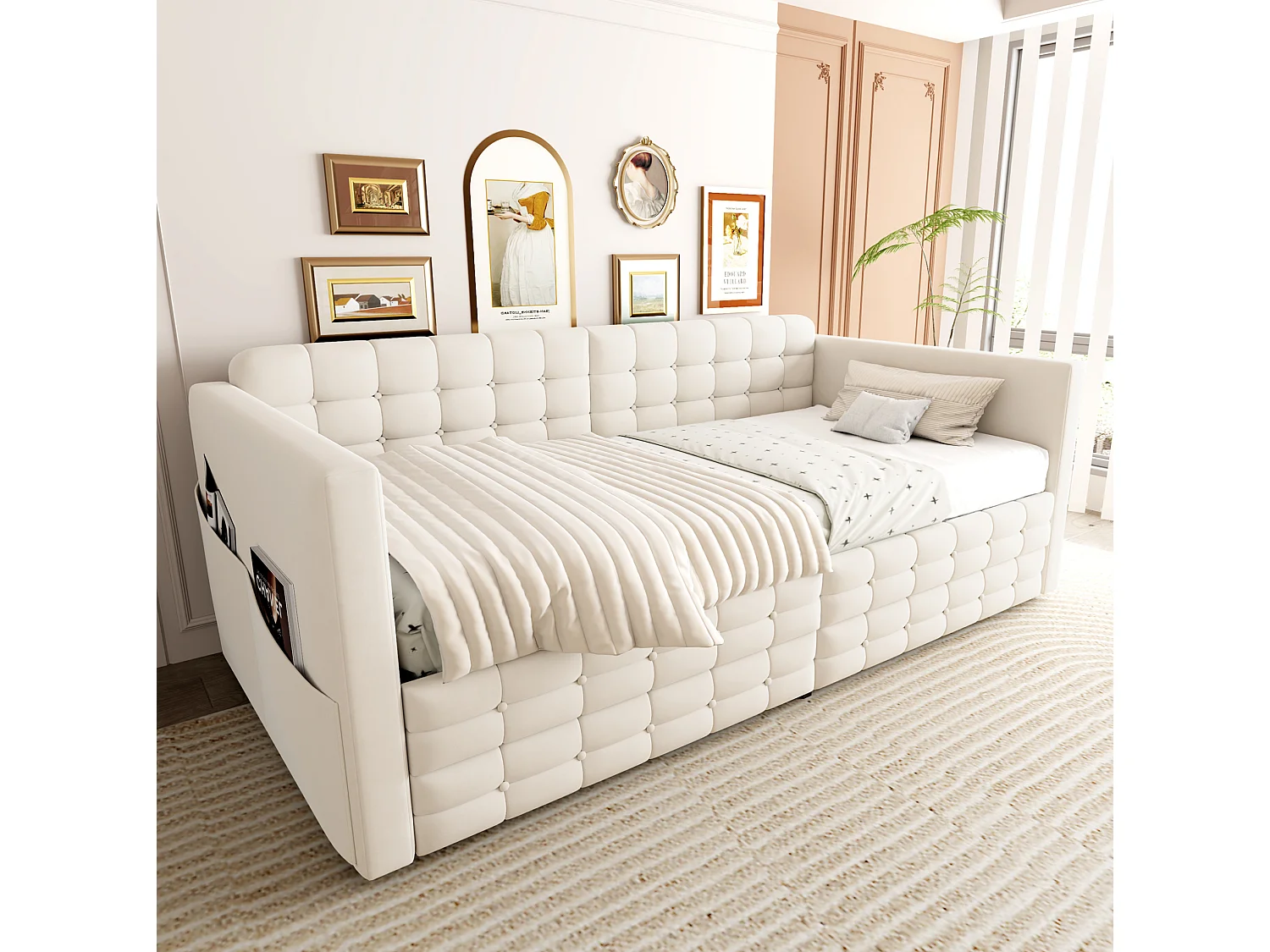 Lit banquette enfant 90x190 cm en velours beige avec 2 tiroirs de rangement et poches latérales, sans matelas