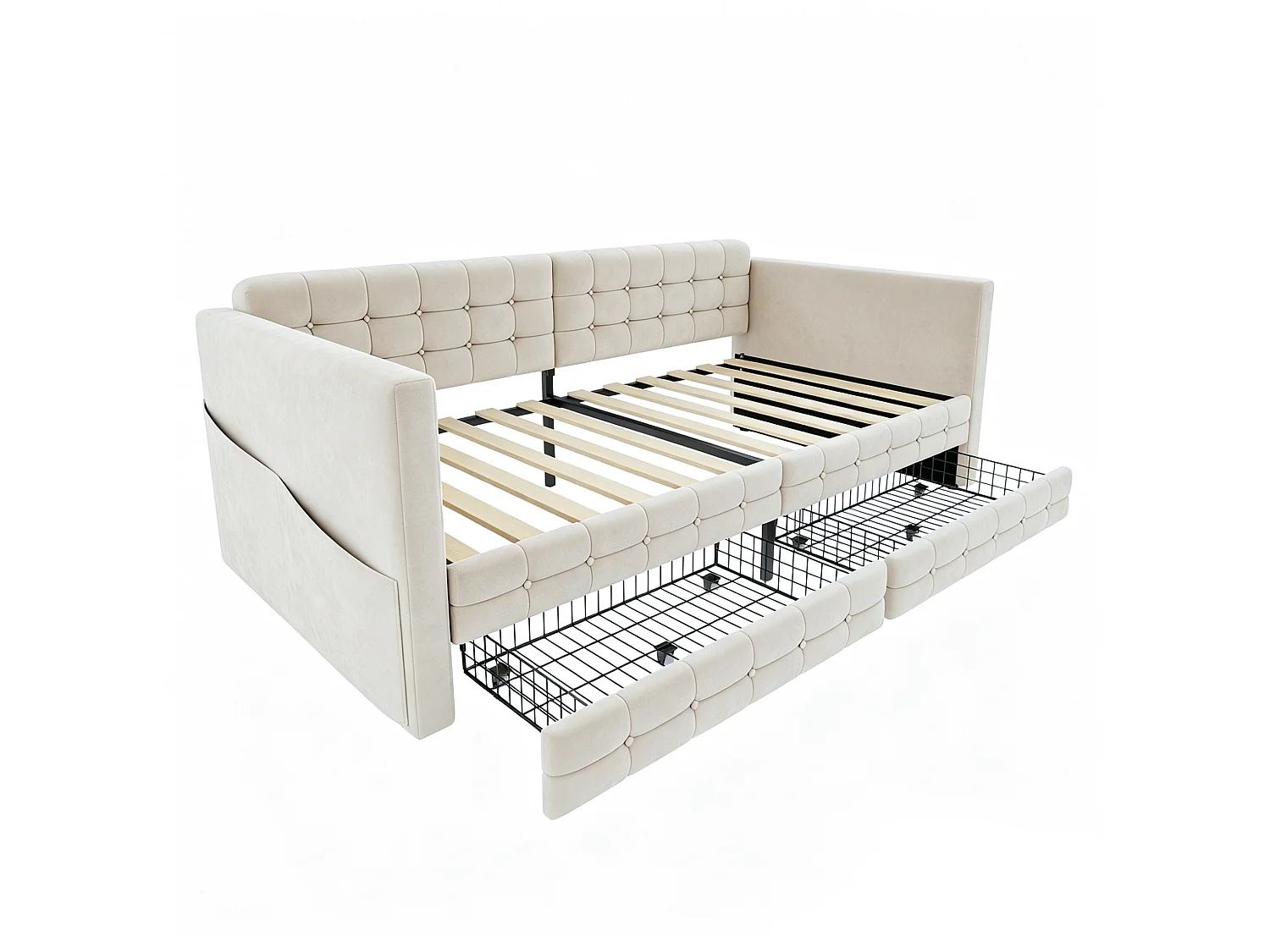 Lit banquette enfant 90x190 cm en velours beige avec 2 tiroirs de rangement et poches latérales, sans matelas