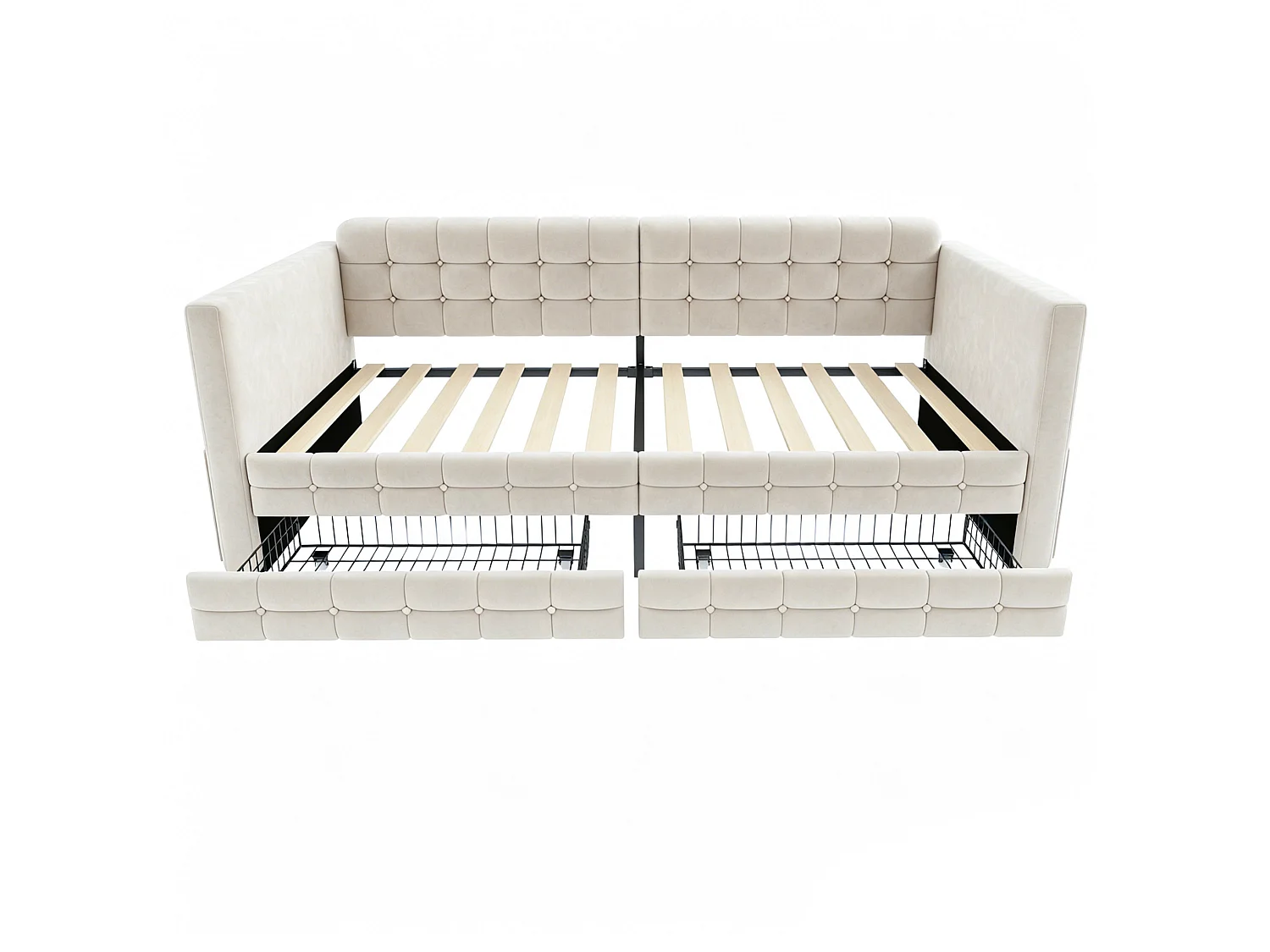 Lit banquette enfant 90x190 cm en velours beige avec 2 tiroirs de rangement et poches latérales, sans matelas