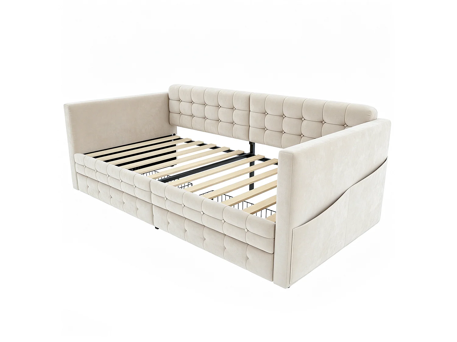 Lit banquette enfant 90x190 cm en velours beige avec 2 tiroirs de rangement et poches latérales, sans matelas