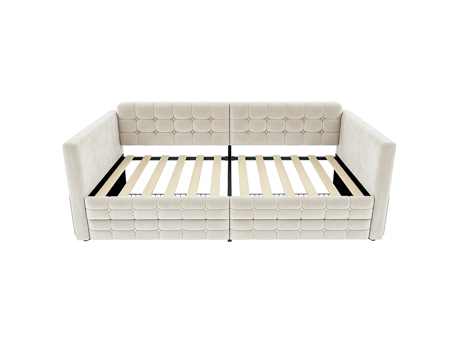 Lit banquette enfant 90x190 cm en velours beige avec 2 tiroirs de rangement et poches latérales, sans matelas