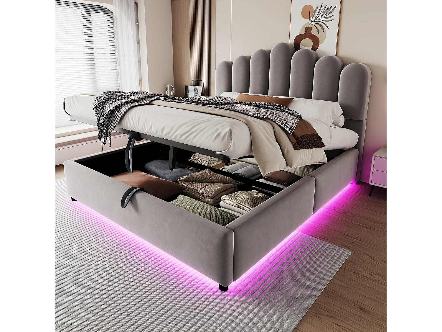 Łóżko z pojemnikiem 140x200 cm szare z aksamitu, oświetlenie LED, hydrauliczny system magazynowania, bez materaca