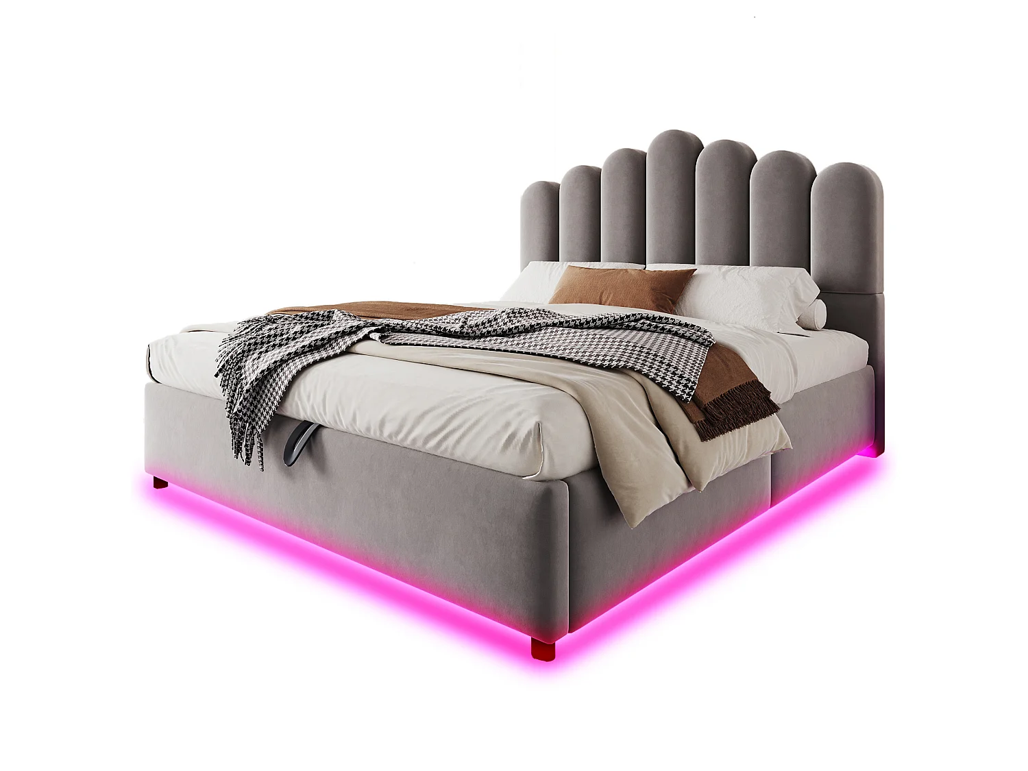 Łóżko z pojemnikiem 140x200 cm szare z aksamitu, oświetlenie LED, hydrauliczny system magazynowania, bez materaca