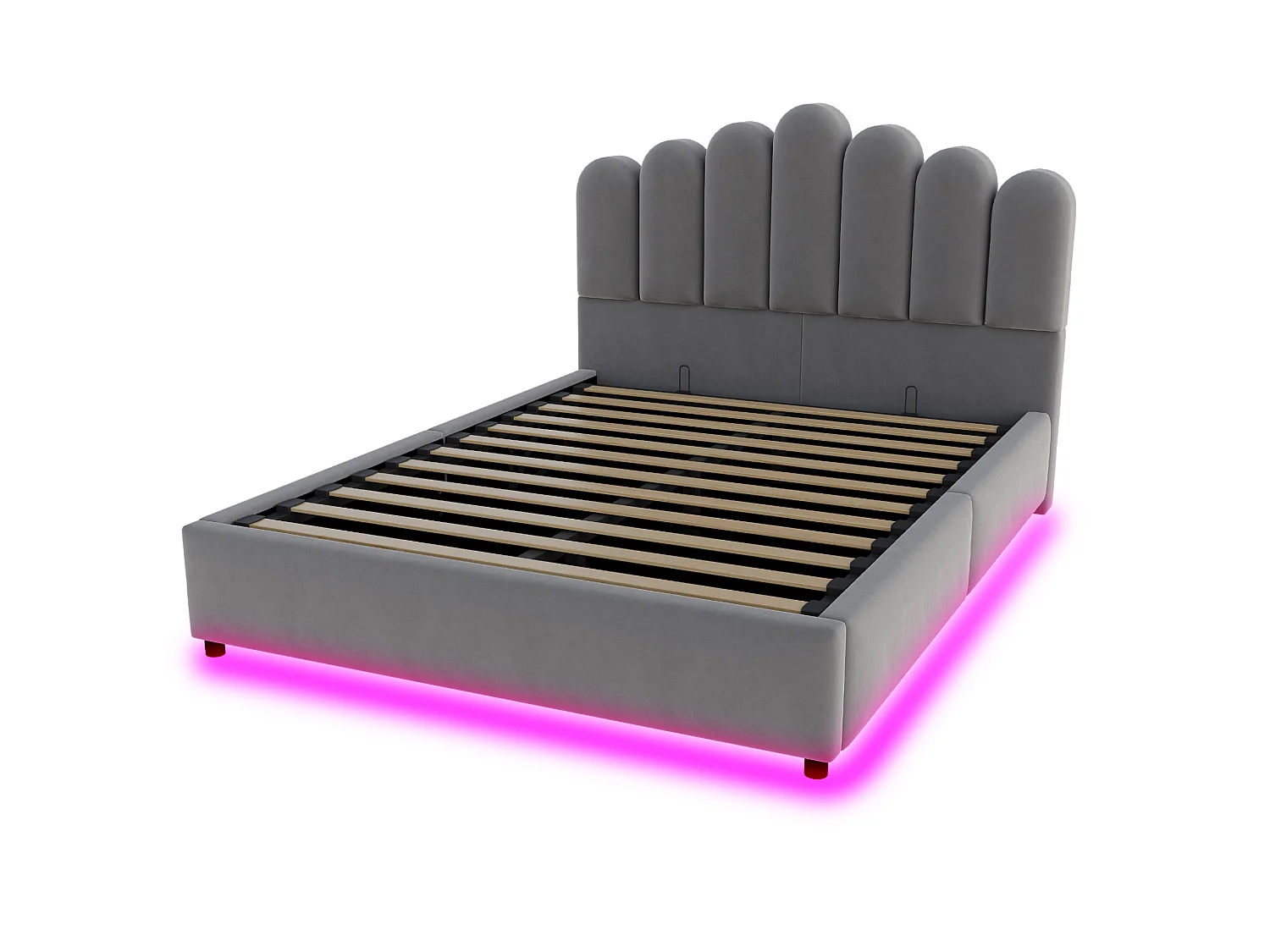Łóżko z pojemnikiem 140x200 cm szare z aksamitu, oświetlenie LED, hydrauliczny system magazynowania, bez materaca