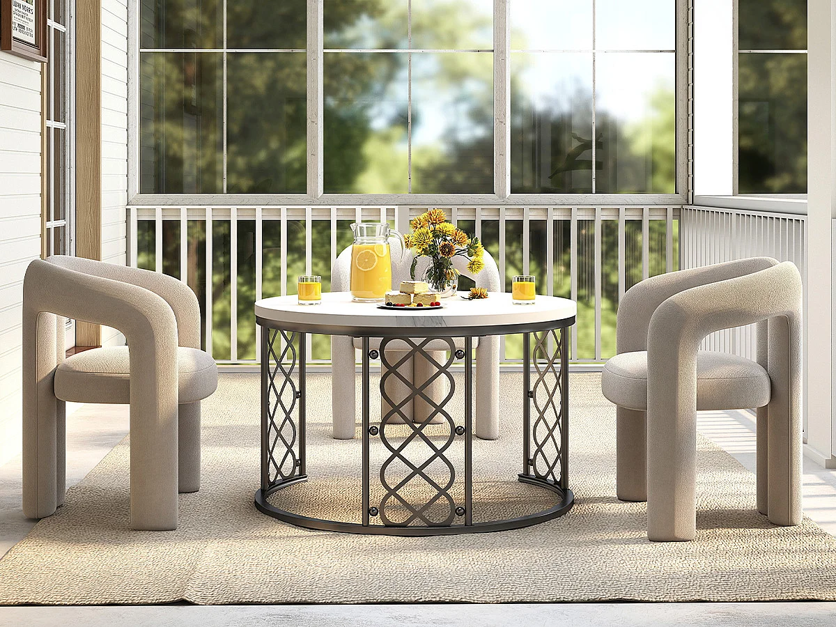 2er‑Set runde Couchtische mit weißer Marmoreffekt‑Platte, schwarzes Metallgestell, modernes Wohnzimmermöbel
