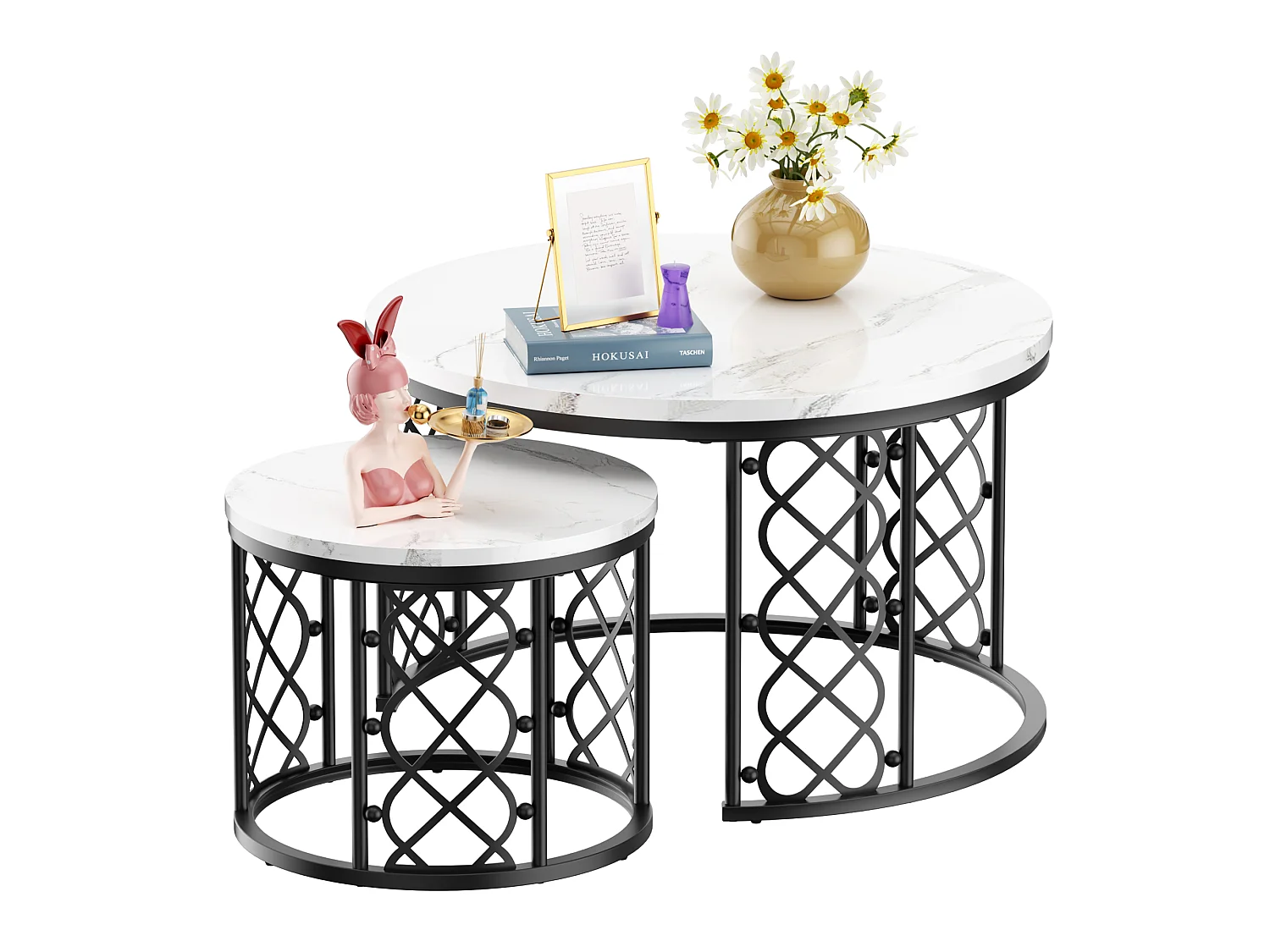 2er‑Set runde Couchtische mit weißer Marmoreffekt‑Platte, schwarzes Metallgestell, modernes Wohnzimmermöbel