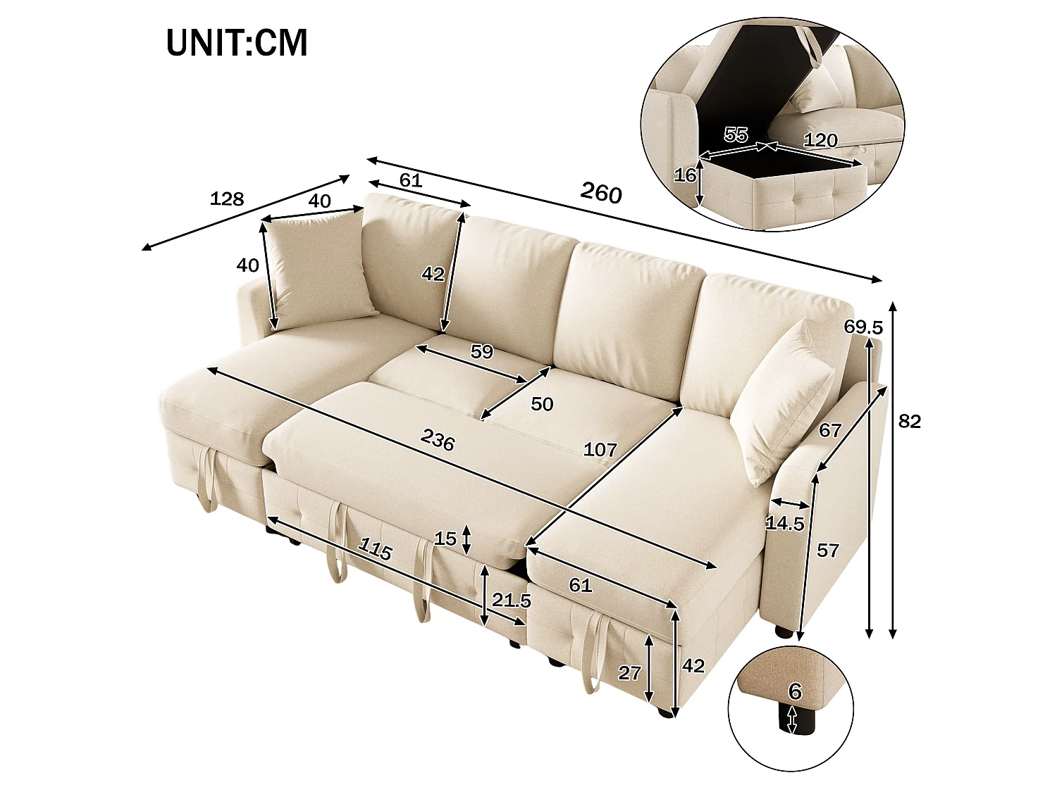 Canapé d'angle convertible 4 places en chenille beige avec 2 rangements méridienne, canapé-lit extensible et ports USB/Type-C