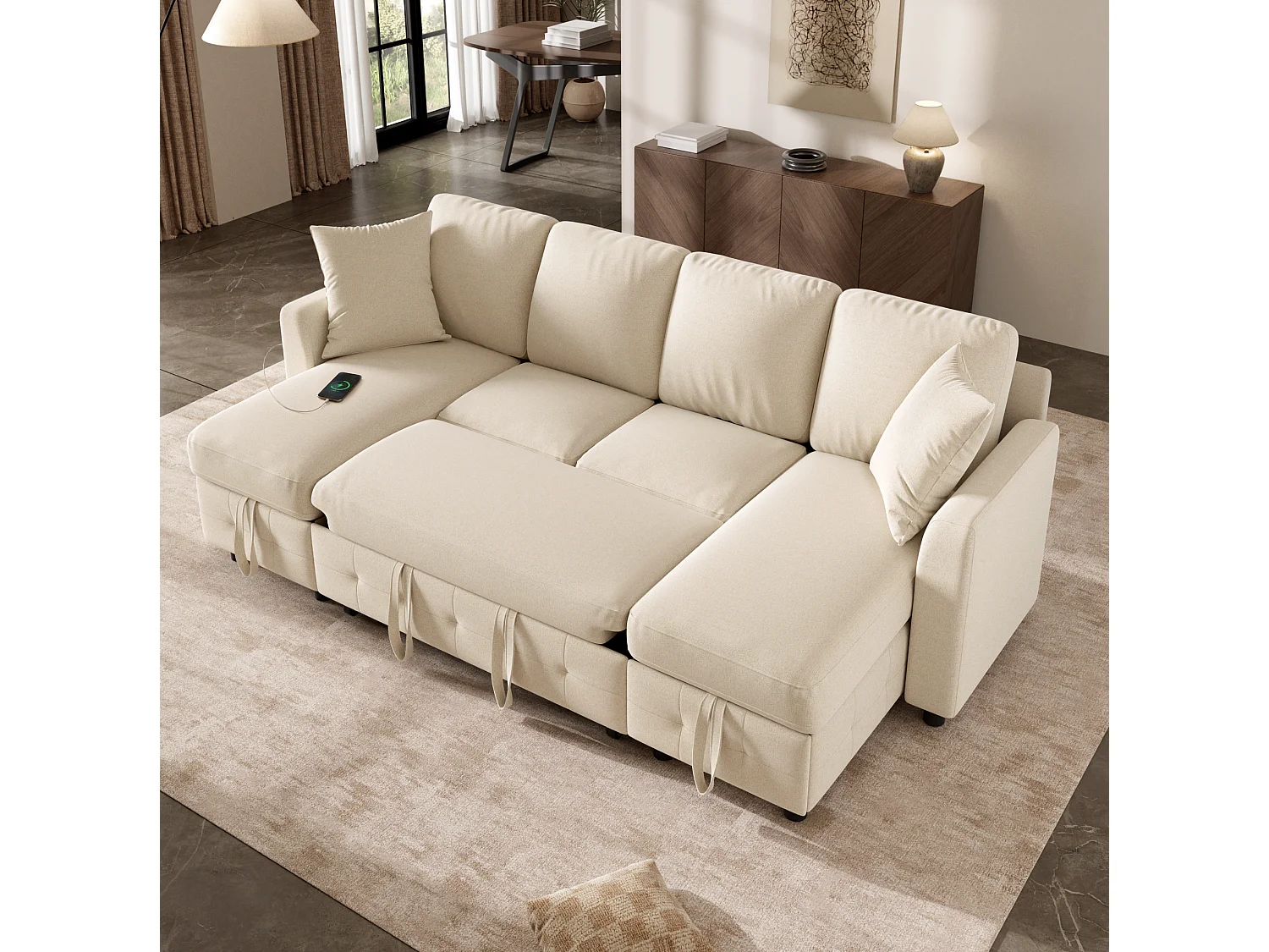 Canapé d'angle convertible 4 places en chenille beige avec 2 rangements méridienne, canapé-lit extensible et ports USB/Type-C