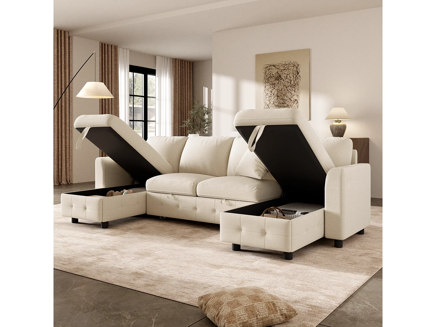 Canapé d'angle convertible 4 places en chenille beige avec 2 rangements méridienne, canapé-lit extensible et ports USB/Type-C