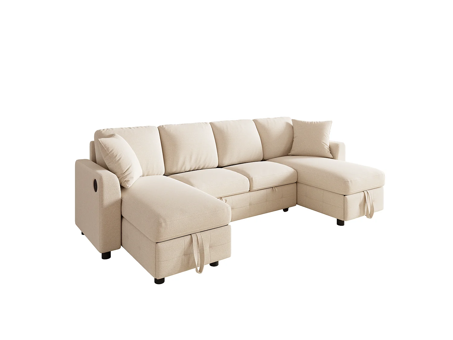 Canapé d'angle convertible 4 places en chenille beige avec 2 rangements méridienne, canapé-lit extensible et ports USB/Type-C