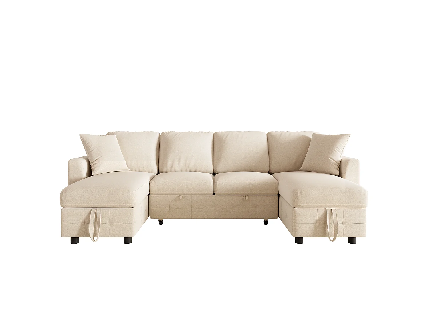 Canapé d'angle convertible 4 places en chenille beige avec 2 rangements méridienne, canapé-lit extensible et ports USB/Type-C