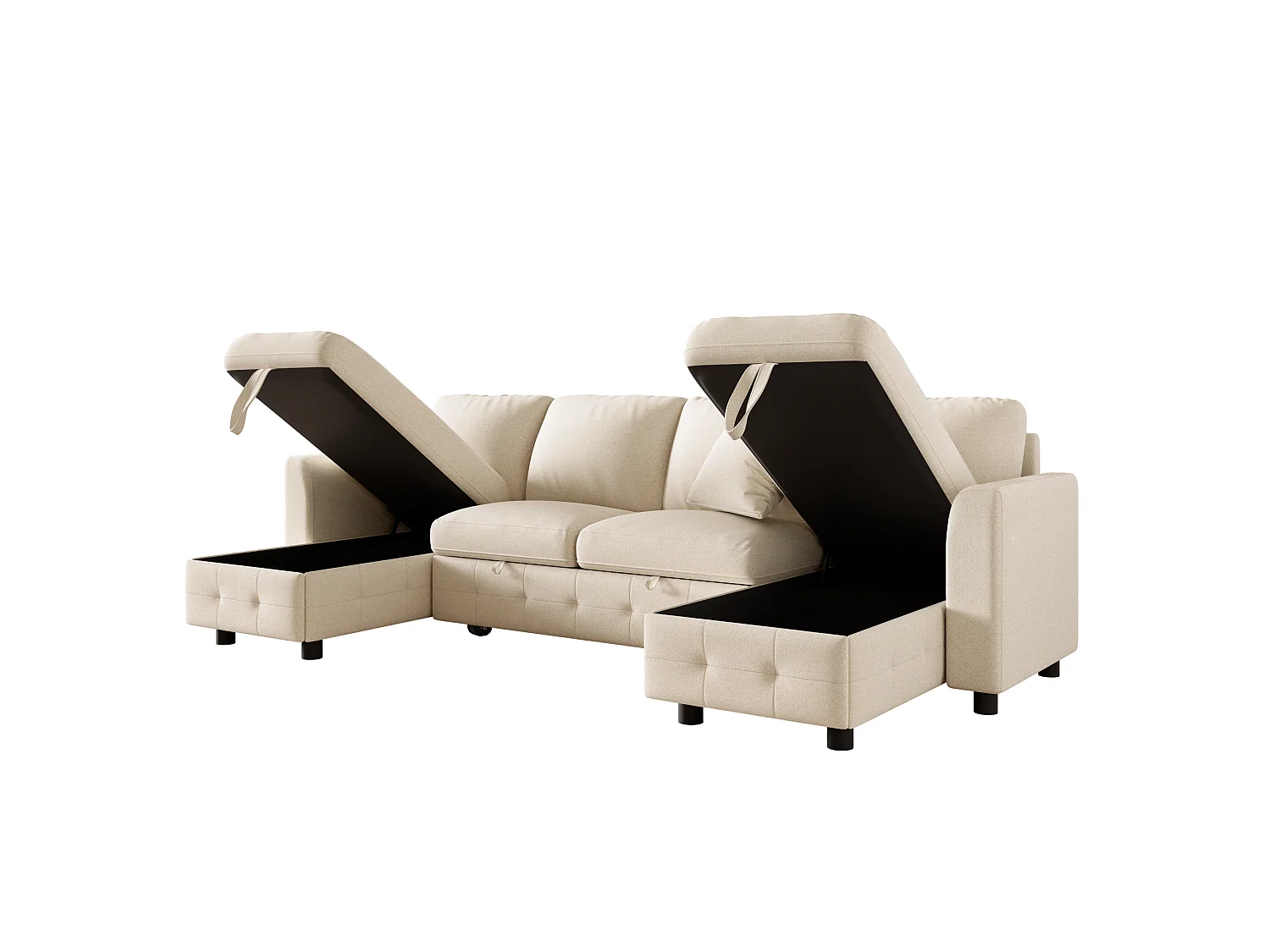 Canapé d'angle convertible 4 places en chenille beige avec 2 rangements méridienne, canapé-lit extensible et ports USB/Type-C