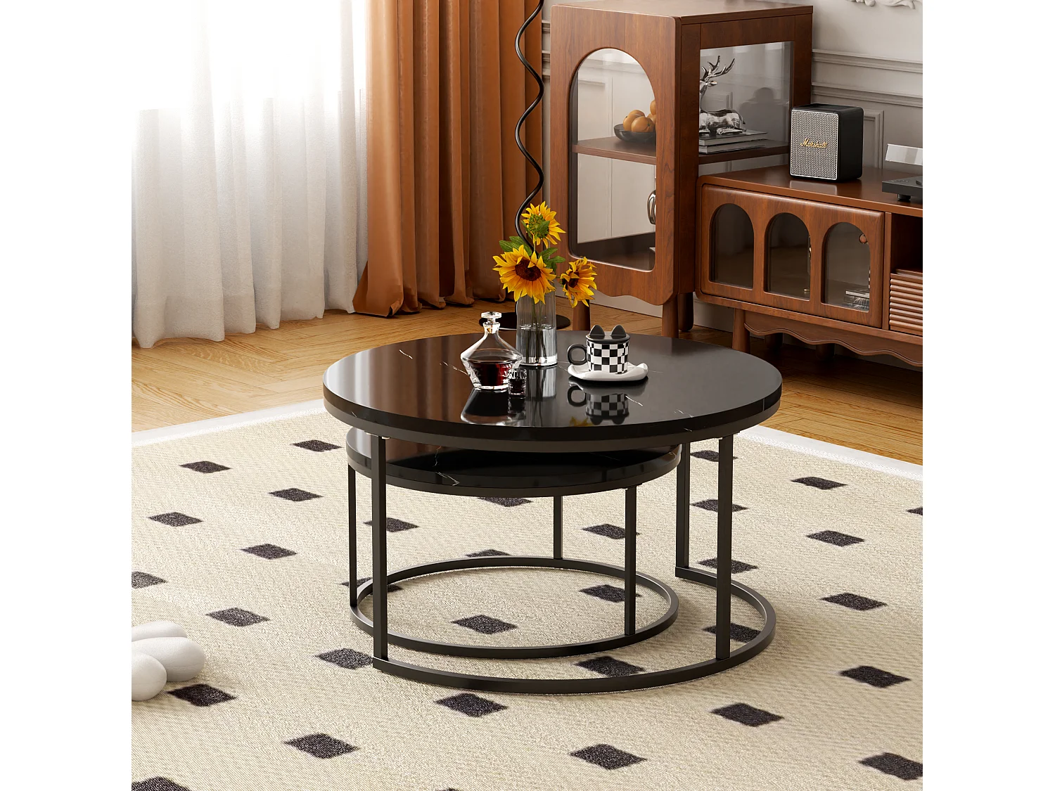 Set di 2 tavolini nido rotondi neri, piano MDF effetto marmo, struttura metallica nera, stile moderno per soggiorno