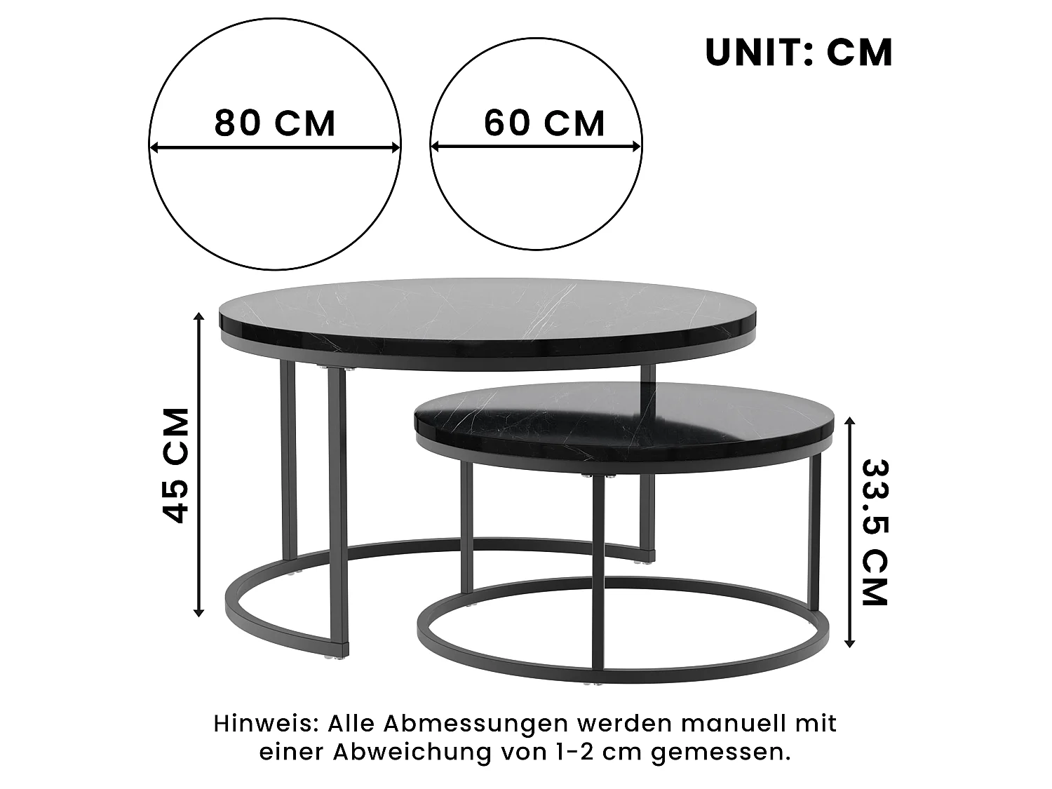 Set di 2 tavolini nido rotondi neri, piano MDF effetto marmo, struttura metallica nera, stile moderno per soggiorno