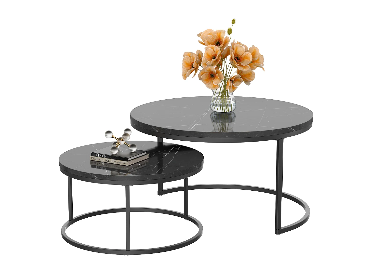 Set di 2 tavolini nido rotondi neri, piano MDF effetto marmo, struttura metallica nera, stile moderno per soggiorno