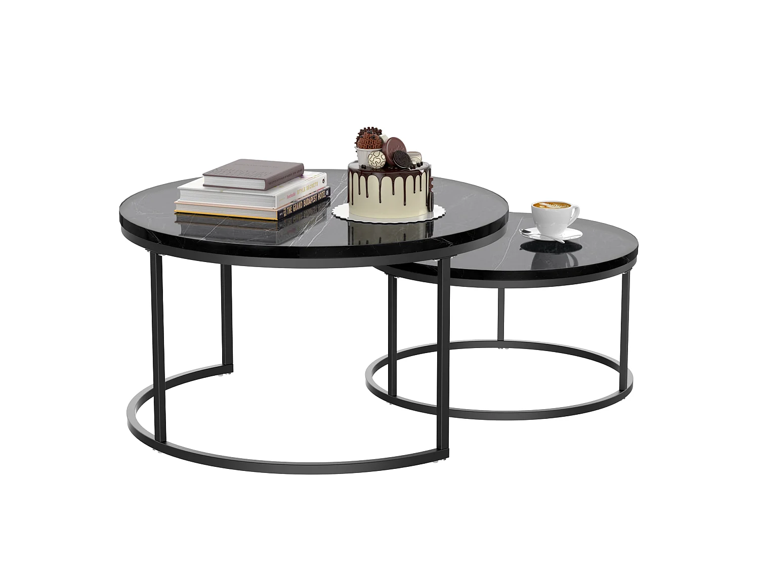 Set di 2 tavolini nido rotondi neri, piano MDF effetto marmo, struttura metallica nera, stile moderno per soggiorno