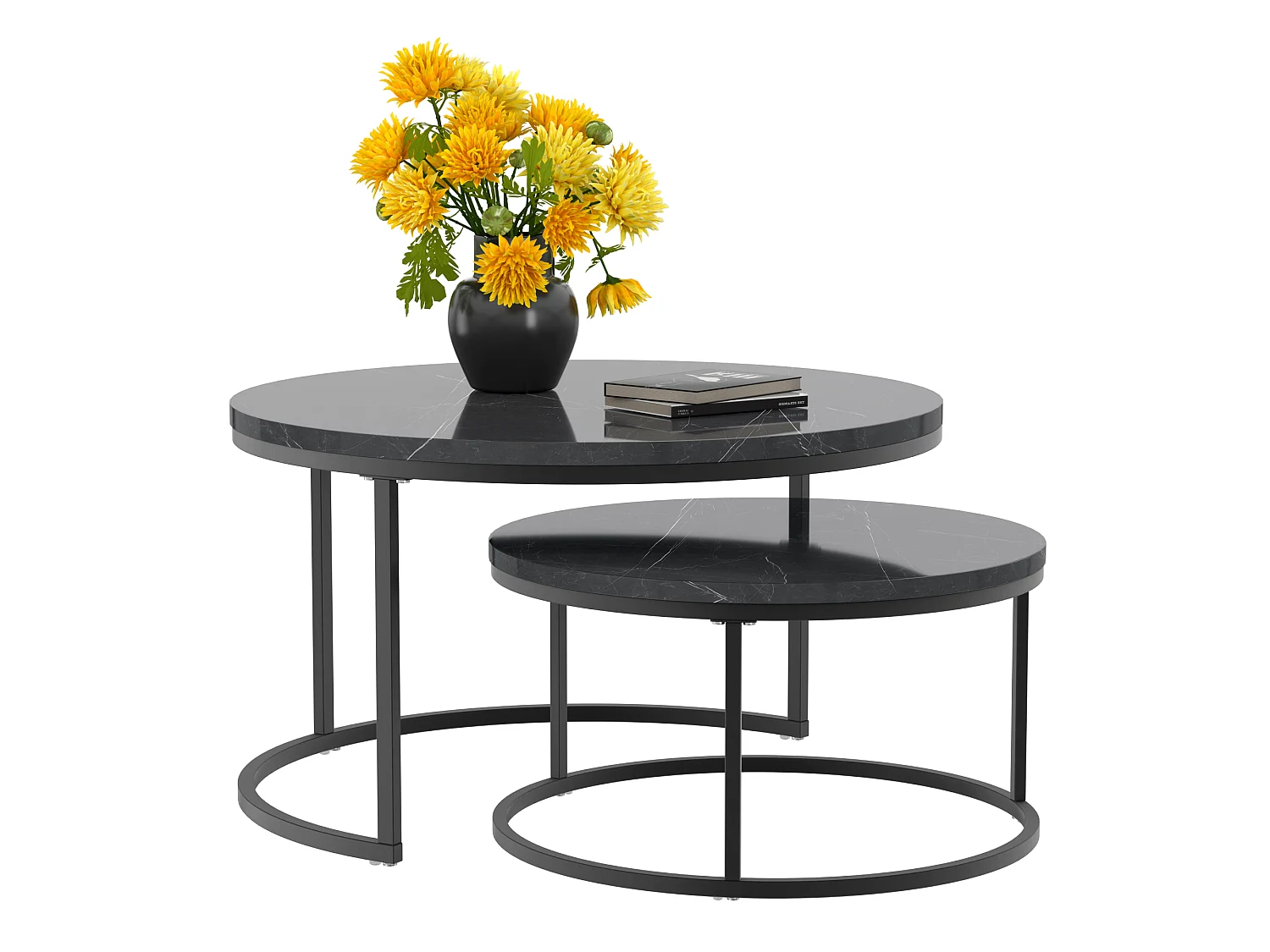 Set di 2 tavolini nido rotondi neri, piano MDF effetto marmo, struttura metallica nera, stile moderno per soggiorno