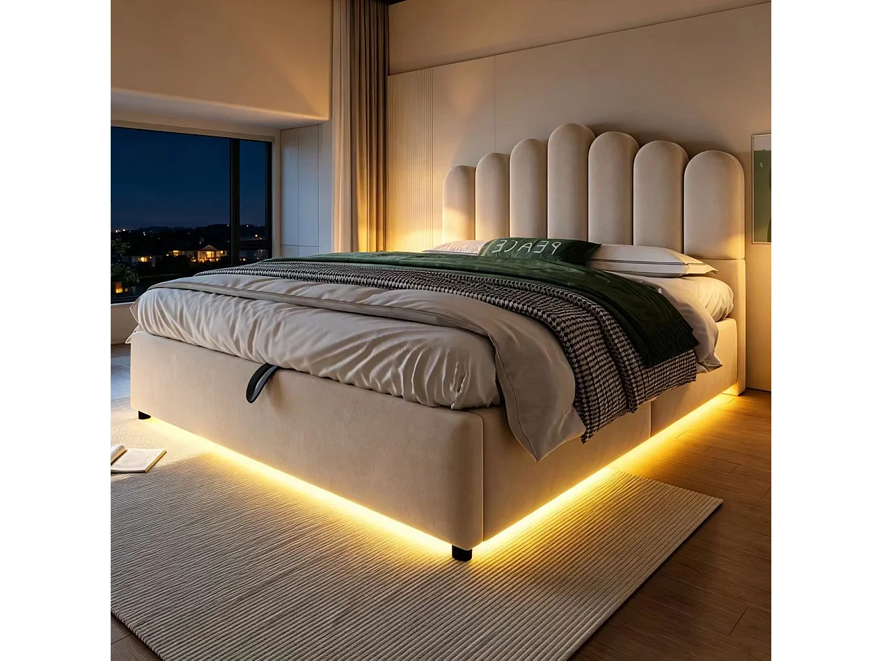 Łóżko z pojemnikiem 140x200 cm beżowe z aksamitu, oświetlenie LED, hydrauliczny system magazynowania, bez materaca