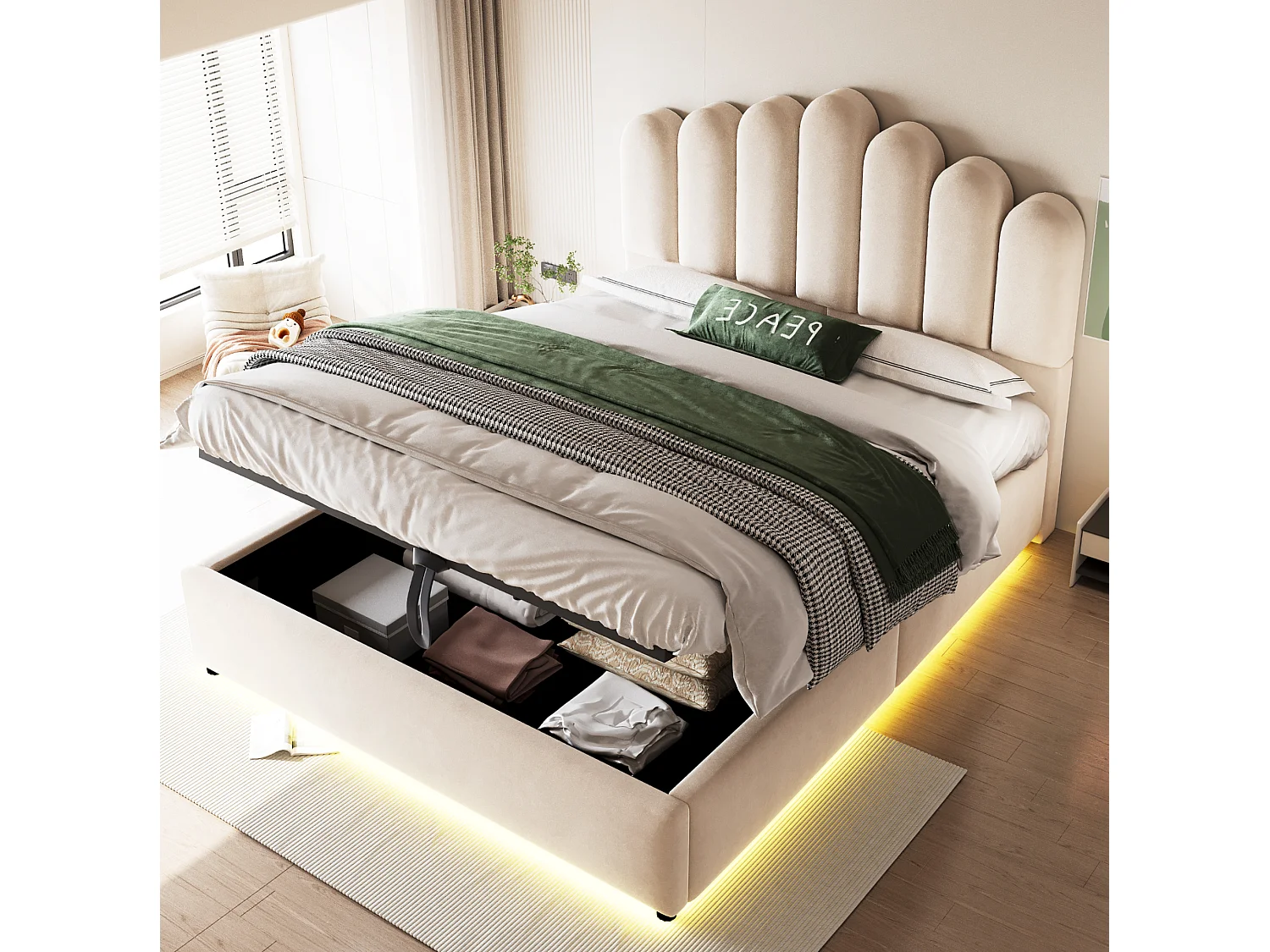 Łóżko z pojemnikiem 140x200 cm beżowe z aksamitu, oświetlenie LED, hydrauliczny system magazynowania, bez materaca