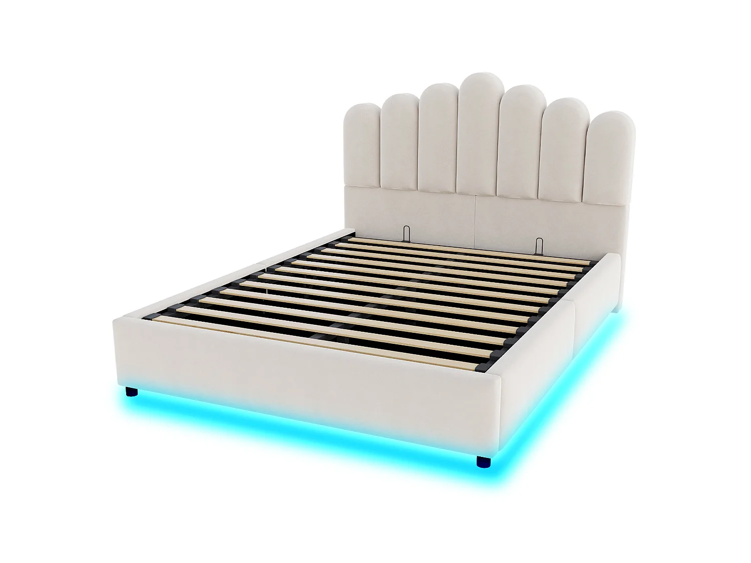 Łóżko z pojemnikiem 140x200 cm beżowe z aksamitu, oświetlenie LED, hydrauliczny system magazynowania, bez materaca