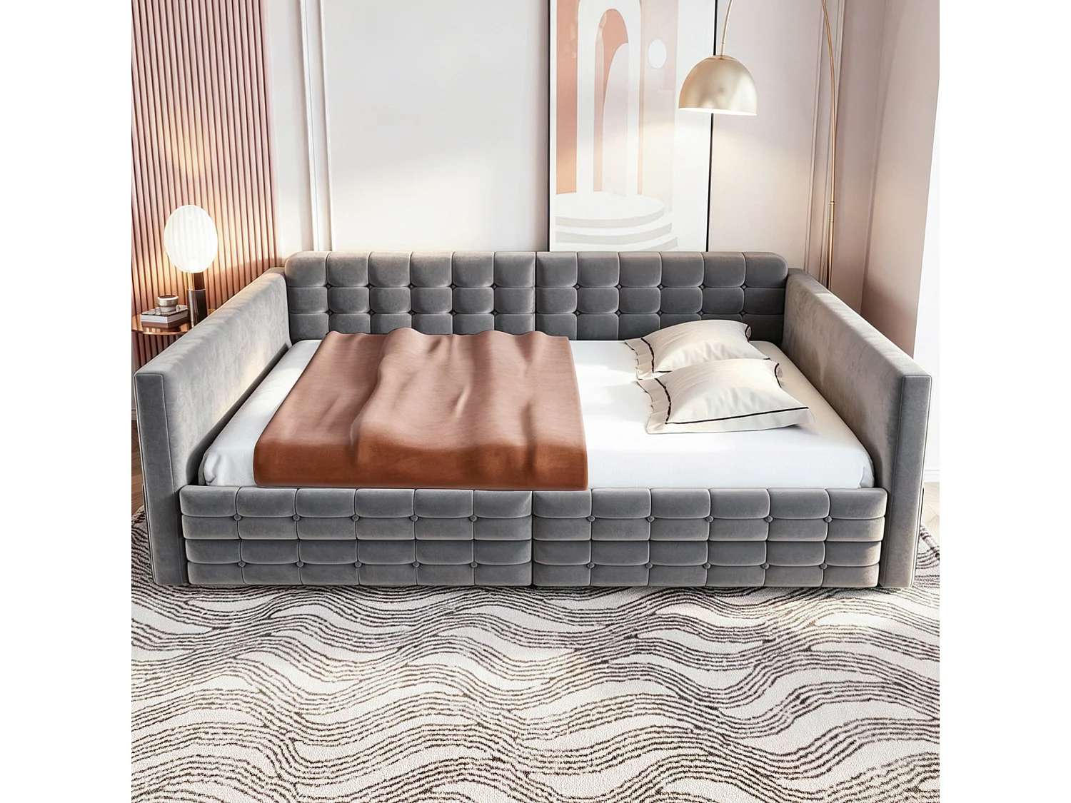 Lit banquette 140x190 cm en velours gris avec 2 tiroirs de rangement et poches latérales, sans matelas