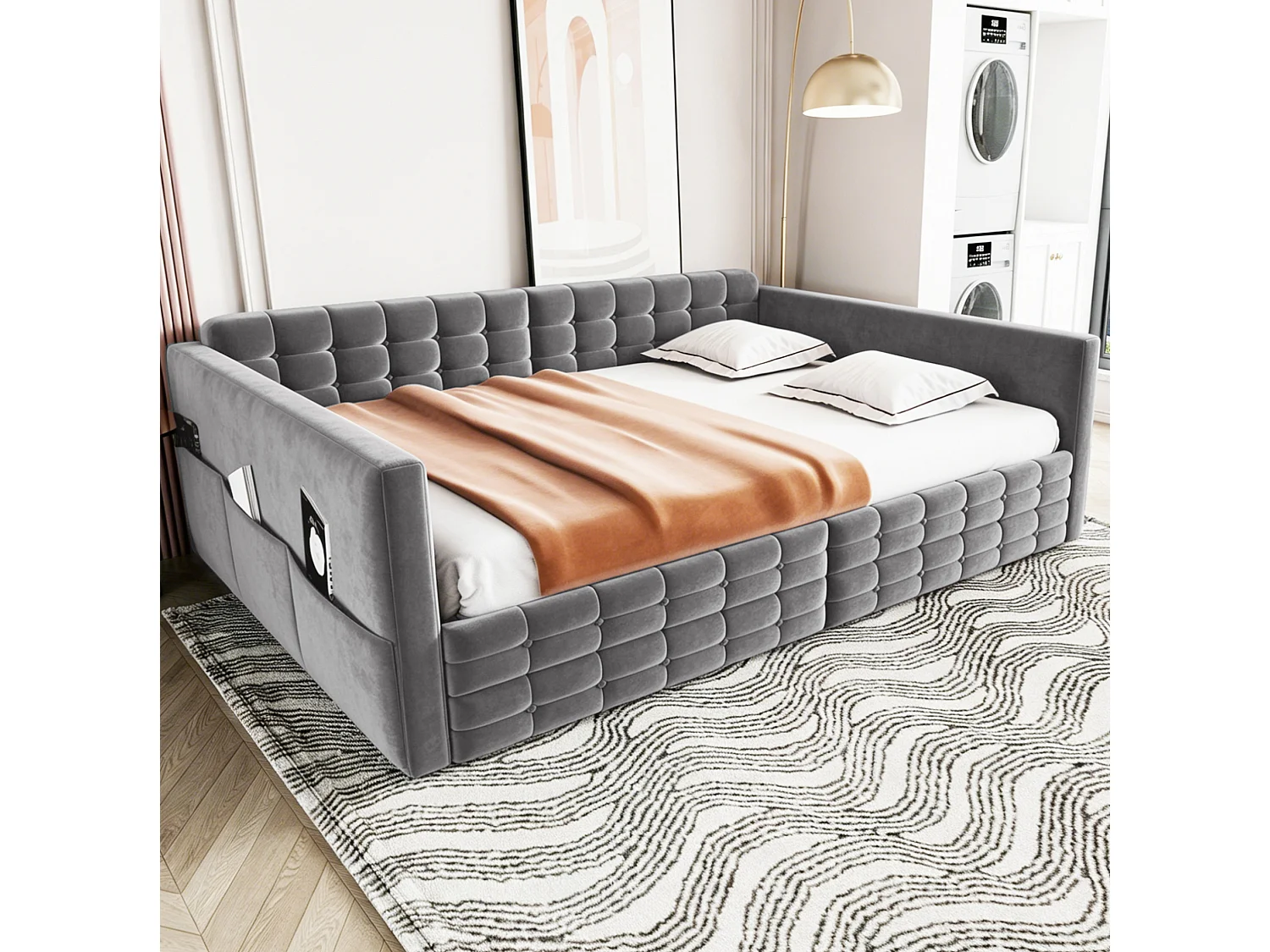Lit banquette 140x190 cm en velours gris avec 2 tiroirs de rangement et poches latérales, sans matelas
