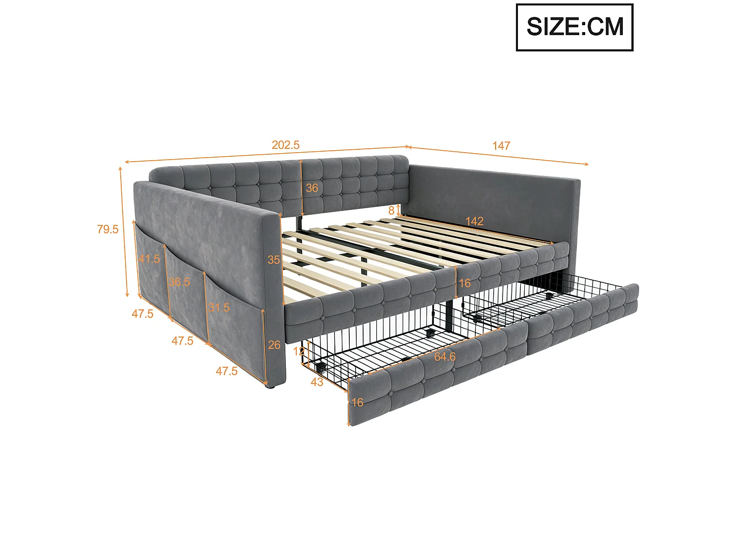 Lit banquette 140x190 cm en velours gris avec 2 tiroirs de rangement et poches latérales, sans matelas