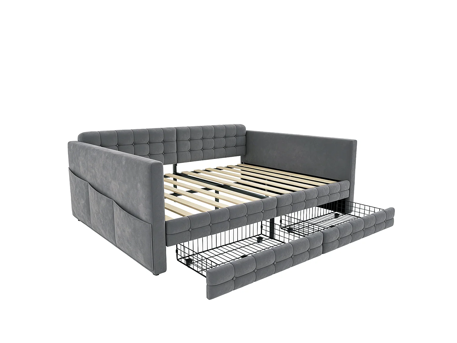 Lit banquette 140x190 cm en velours gris avec 2 tiroirs de rangement et poches latérales, sans matelas