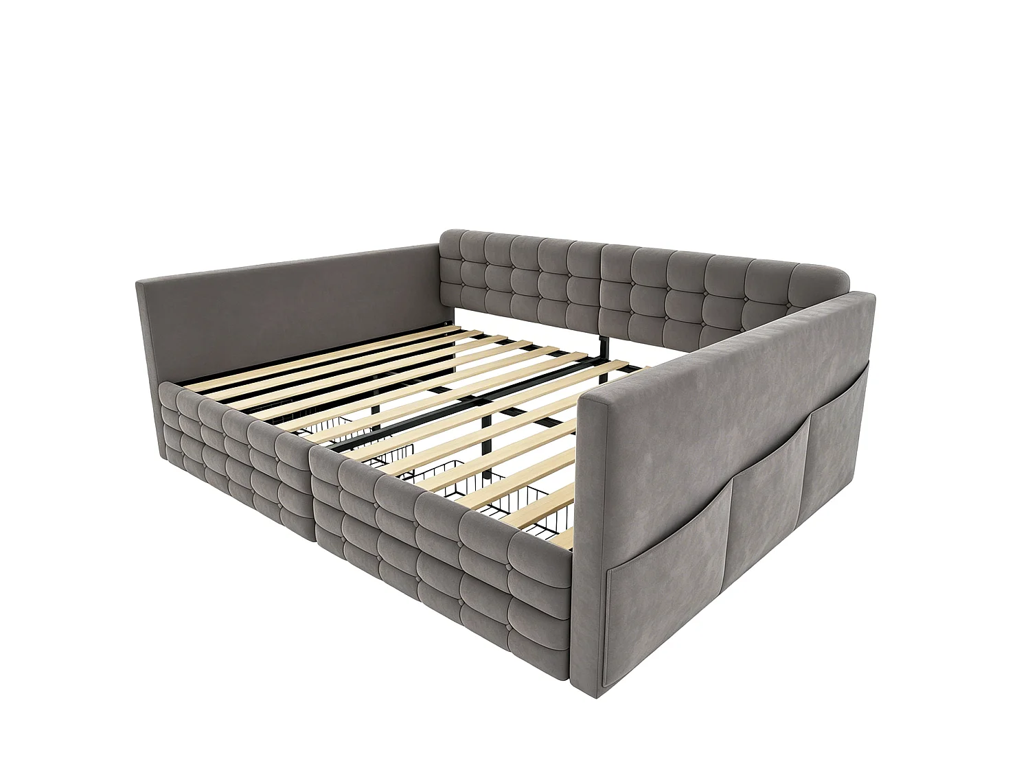 Lit banquette 140x190 cm en velours gris avec 2 tiroirs de rangement et poches latérales, sans matelas