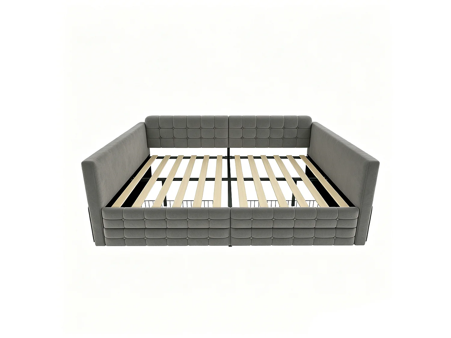 Lit banquette 140x190 cm en velours gris avec 2 tiroirs de rangement et poches latérales, sans matelas