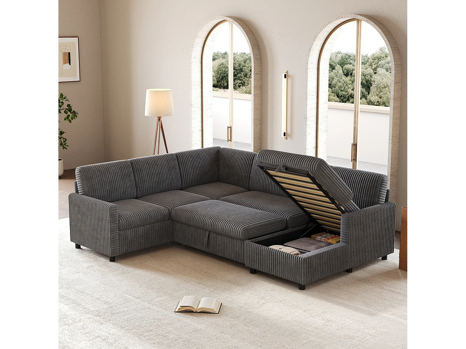 Canapé d'angle convertible 4 places en velours côtelé gris avec coffre de rangement, 274x220x85 cm