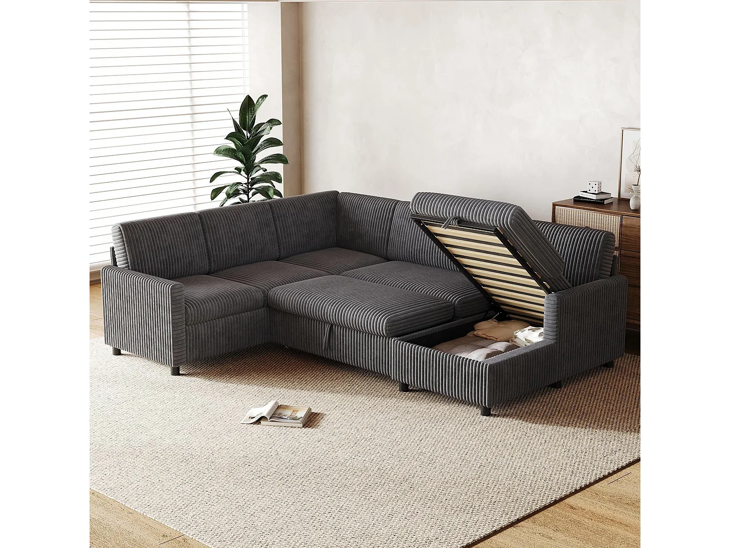 Canapé d'angle convertible 4 places en velours côtelé gris avec coffre de rangement, 274x220x85 cm