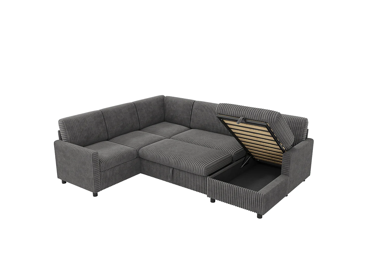 Canapé d'angle convertible 4 places en velours côtelé gris avec coffre de rangement, 274x220x85 cm