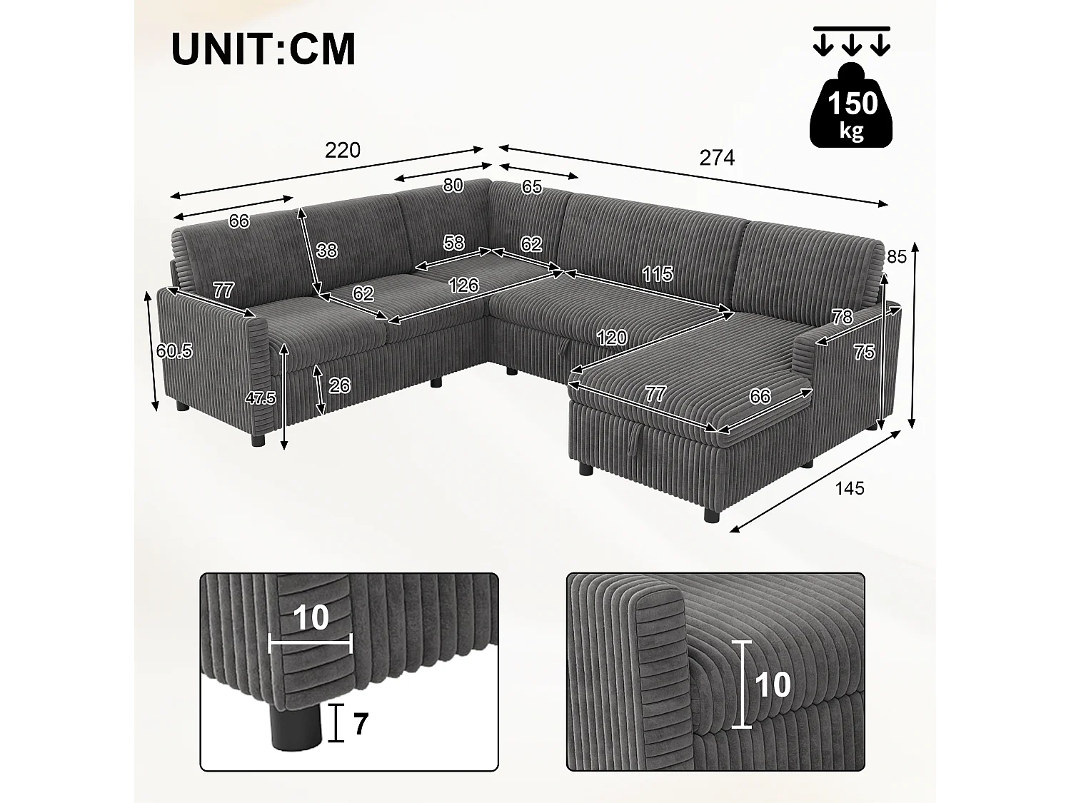 Canapé d'angle convertible 4 places en velours côtelé gris avec coffre de rangement, 274x220x85 cm