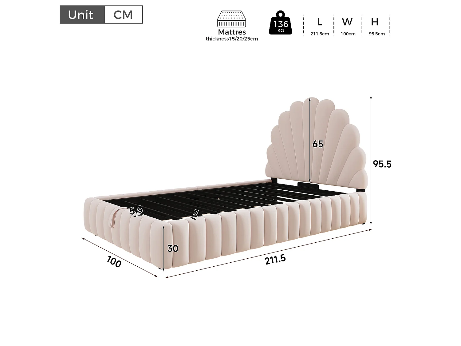 Lit coffre enfant 90x200 cm en velours rose avec rangement hydraulique, tête de lit fleurie rembourrée, sans matelas