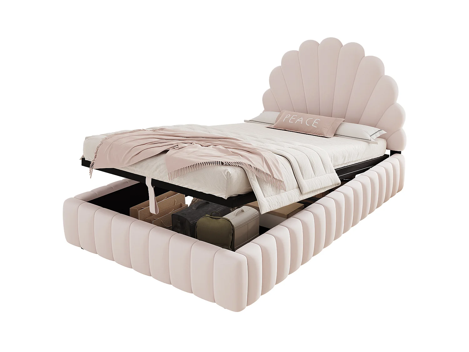 Lit coffre enfant 90x200 cm en velours rose avec rangement hydraulique, tête de lit fleurie rembourrée, sans matelas