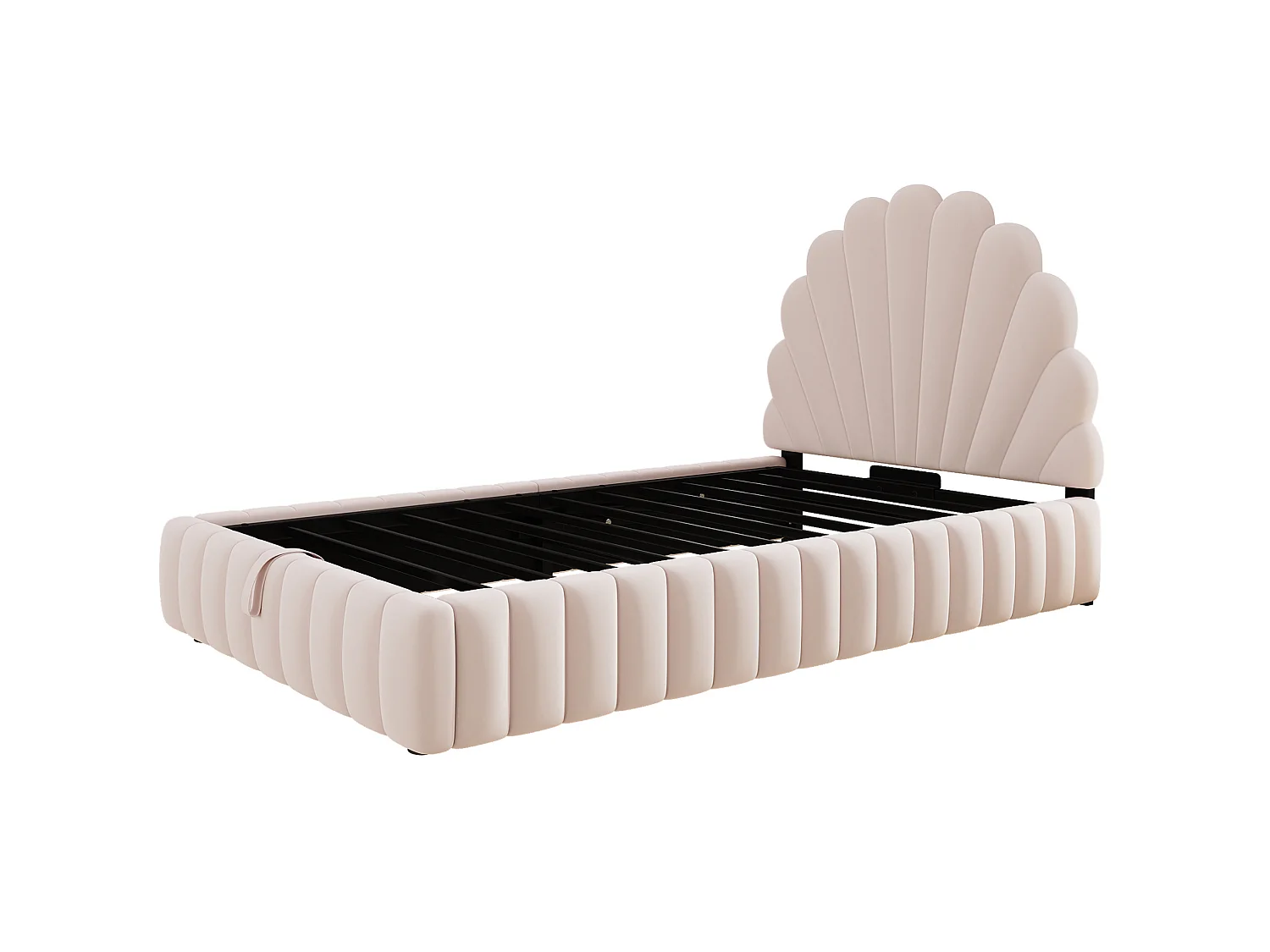 Lit coffre enfant 90x200 cm en velours rose avec rangement hydraulique, tête de lit fleurie rembourrée, sans matelas
