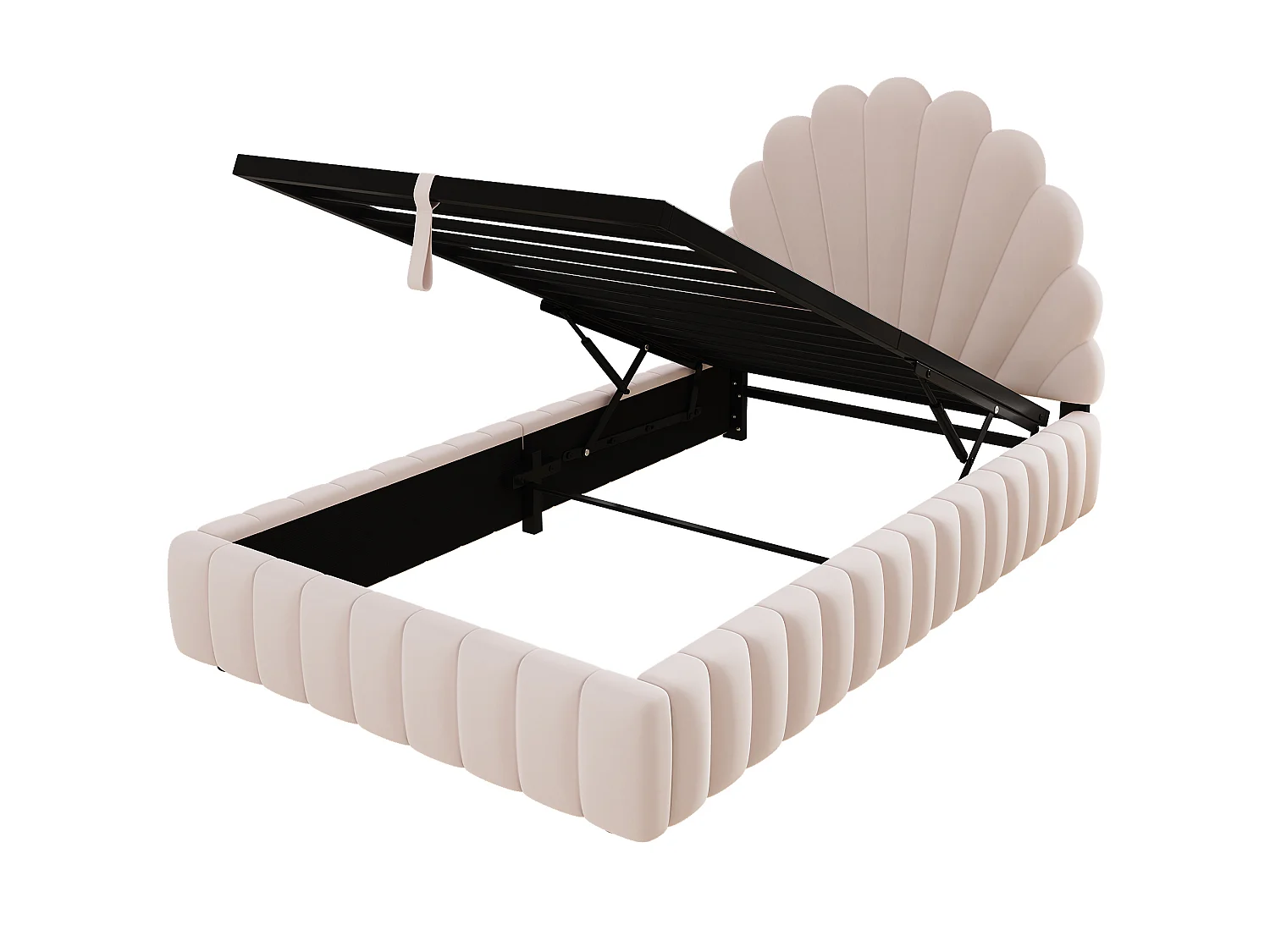 Lit coffre enfant 90x200 cm en velours rose avec rangement hydraulique, tête de lit fleurie rembourrée, sans matelas