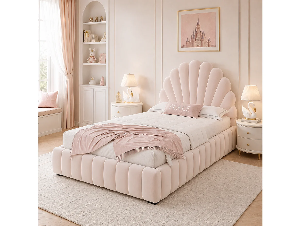 Lit coffre enfant 90x200 cm en velours rose avec rangement hydraulique, tête de lit fleurie rembourrée, sans matelas