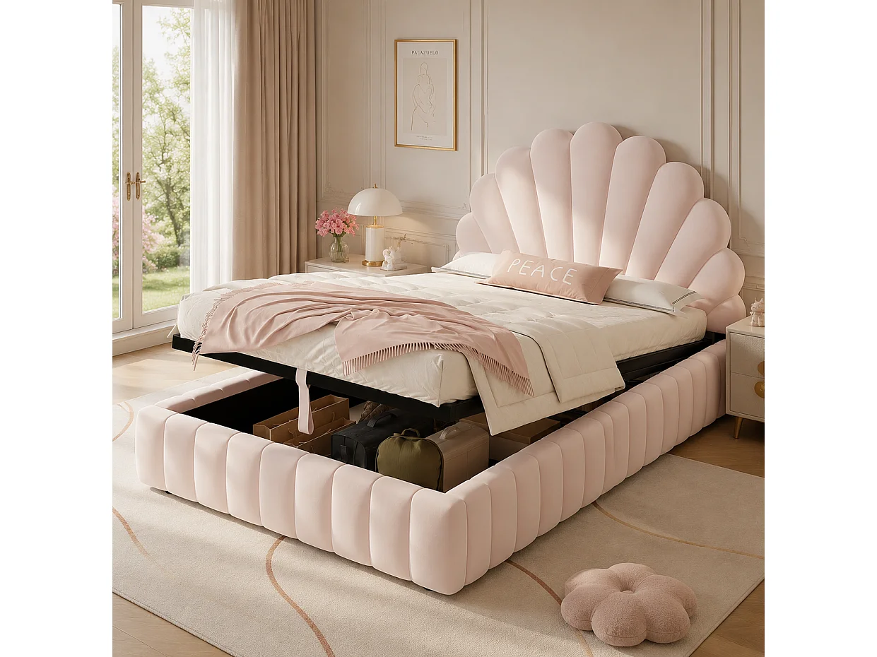 Lit coffre enfant 90x200 cm en velours rose avec rangement hydraulique, tête de lit fleurie rembourrée, sans matelas