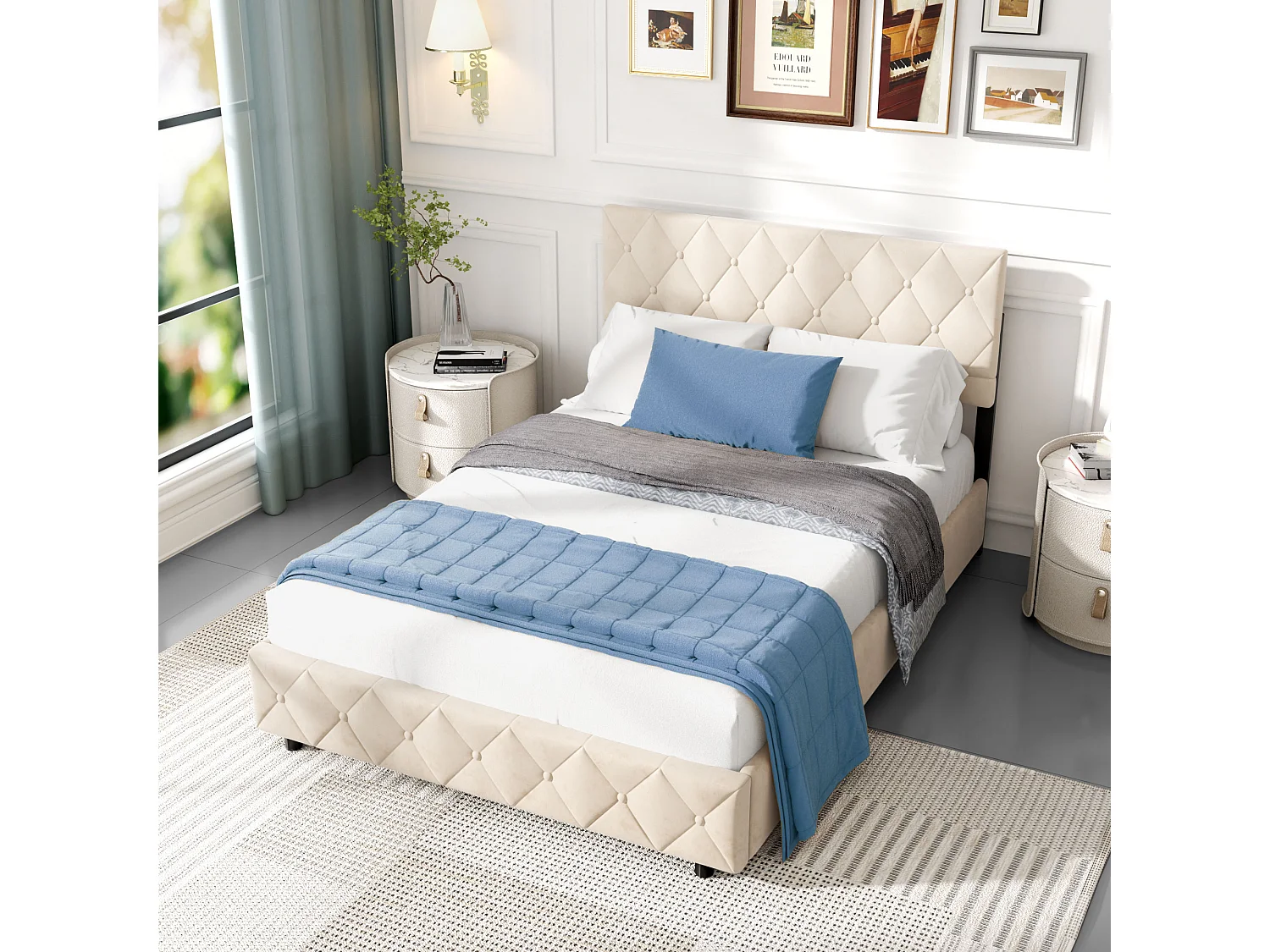Lit coffre 140x200 cm avec ouverture hydraulique, sommier, grand espace de rangement, en velours beige, sans matelas