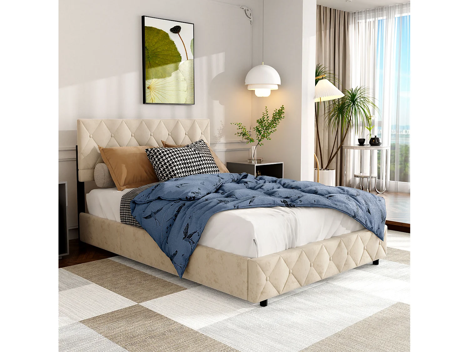 Lit coffre 140x200 cm avec ouverture hydraulique, sommier, grand espace de rangement, en velours beige, sans matelas