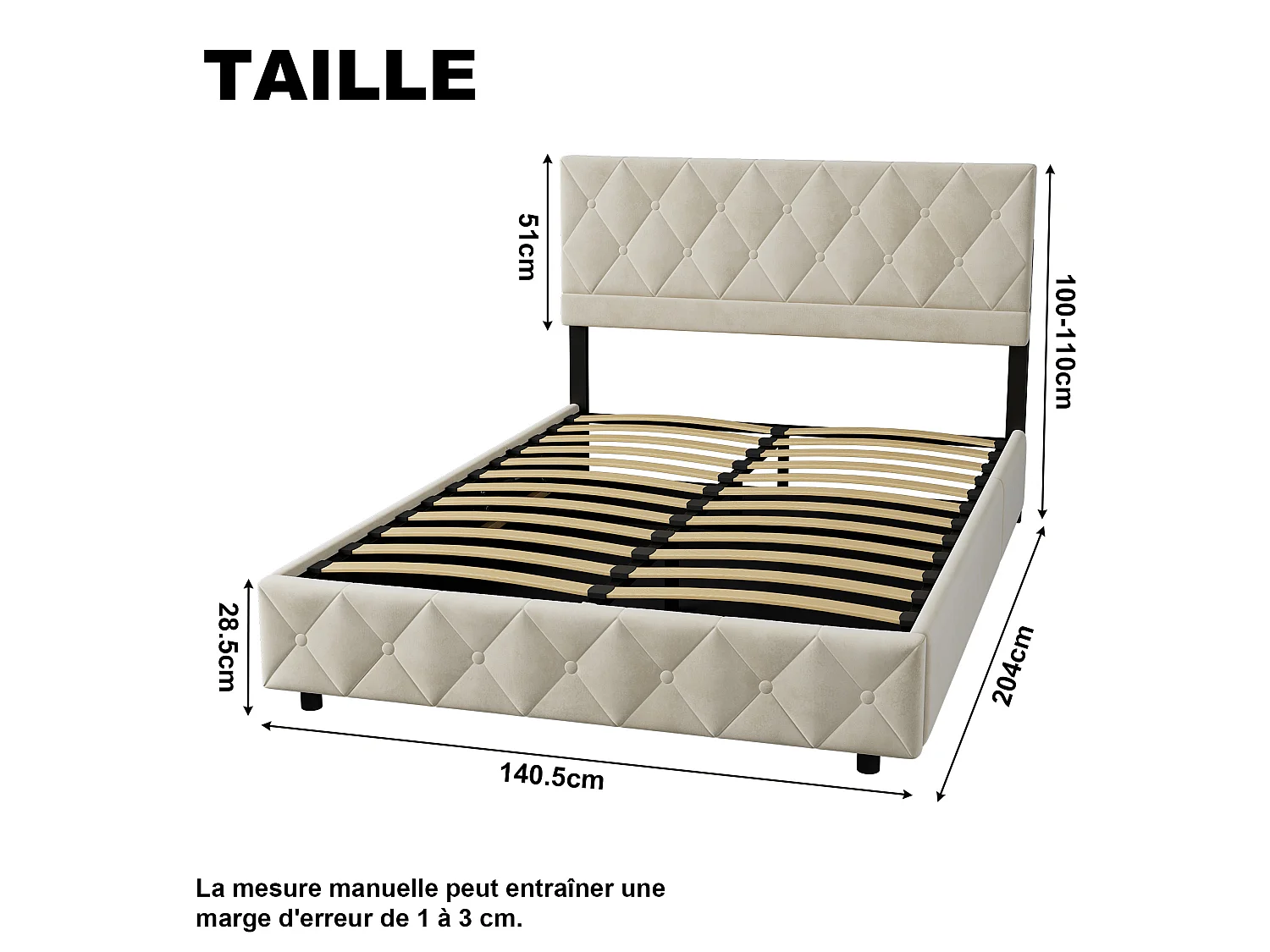 Lit coffre 140x200 cm avec ouverture hydraulique, sommier, grand espace de rangement, en velours beige, sans matelas